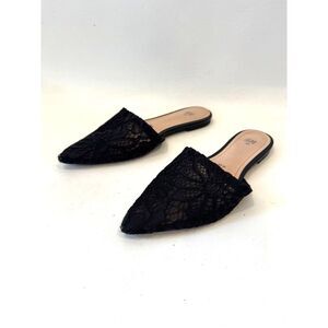 H&M Black Lace Mule Slides Flats Slip On Size 7/38 Pointed Toe